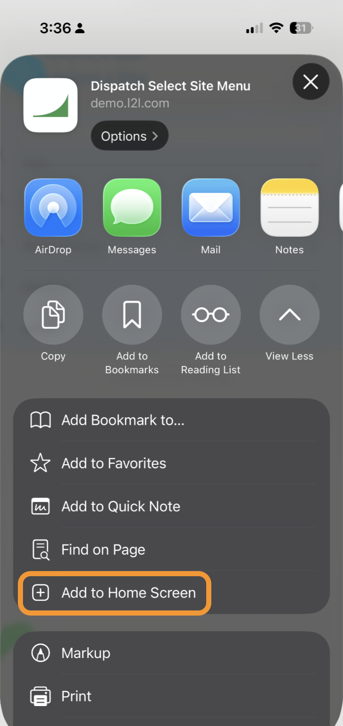 Select the Add to Home Screen button.