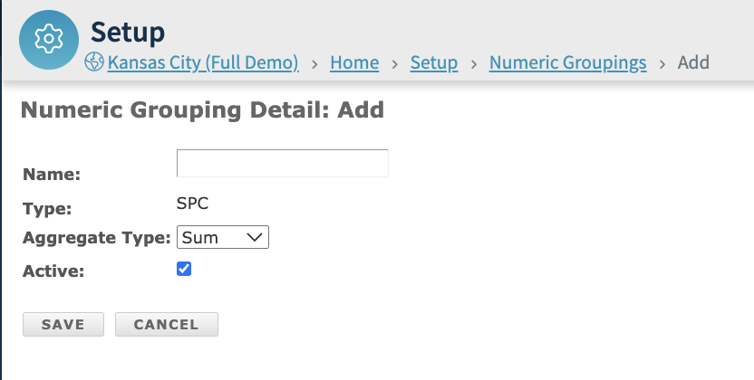 On the Numeric Grouping Detail page, enter a name, select an aggregate type, and choose whether active or inactive by checking the box.