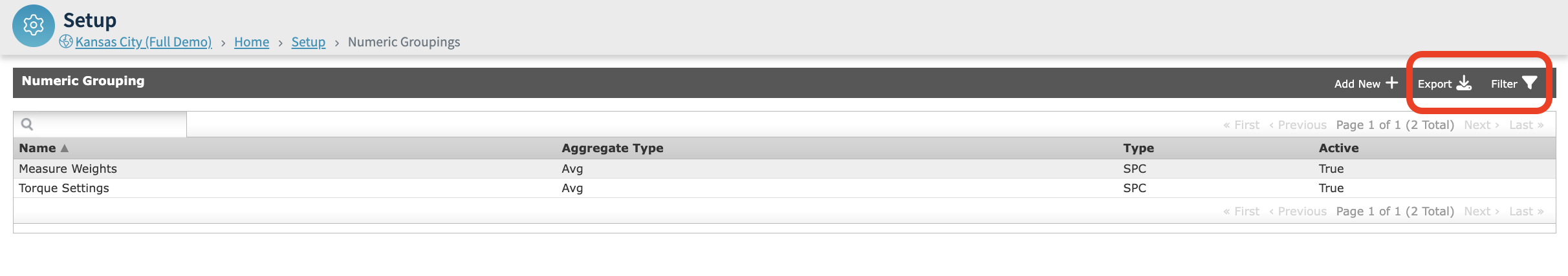 Numeric Groupings can be exported or filtered using the Export or Filter buttons at the top right of the page.