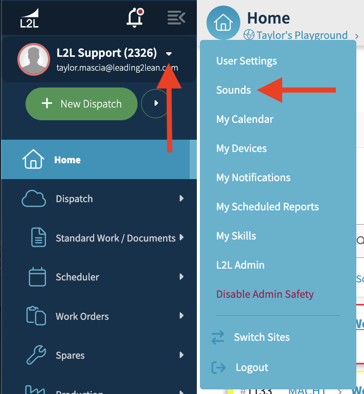 Select the User Settings button (down arrow) to the right of your name then select Sounds from the flyout menu.