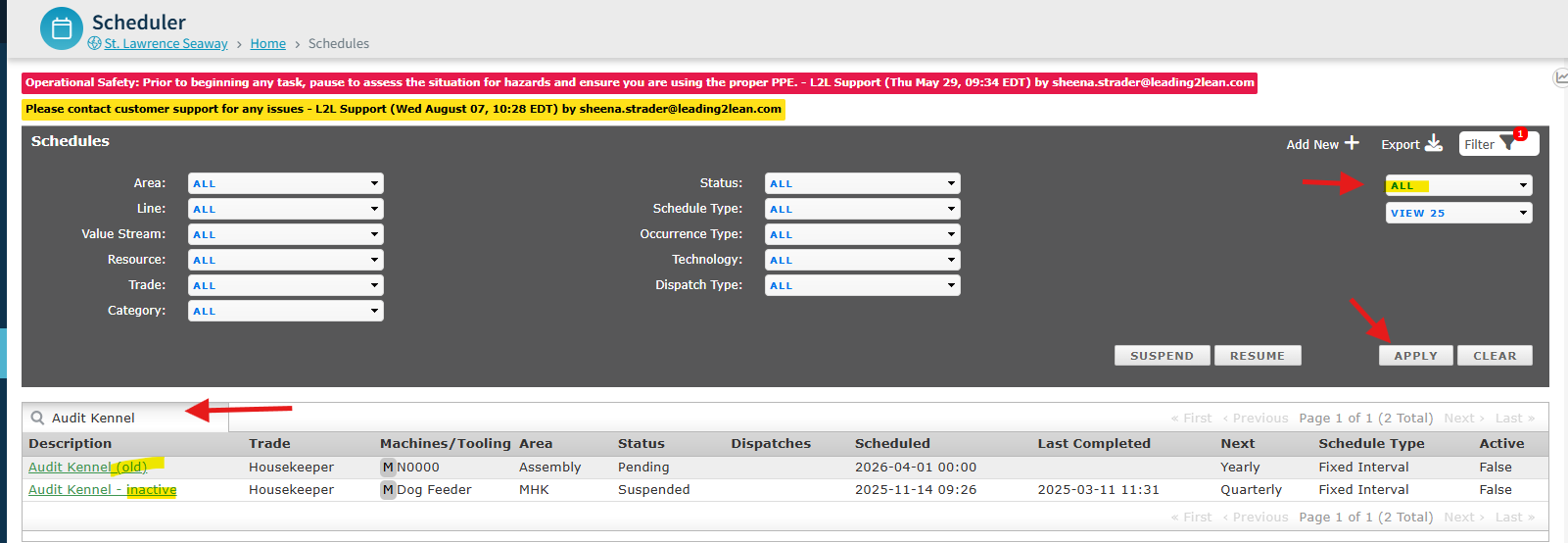Yellow Highlights: Applied to the "ALL" dropdown, the description "Audit Kennel (old)", and the description "Audit Kennel - inactive".  Red Arrows: Pointing to the "ALL" dropdown, the "APPLY" button, and the "Audit Kennel" search bar.